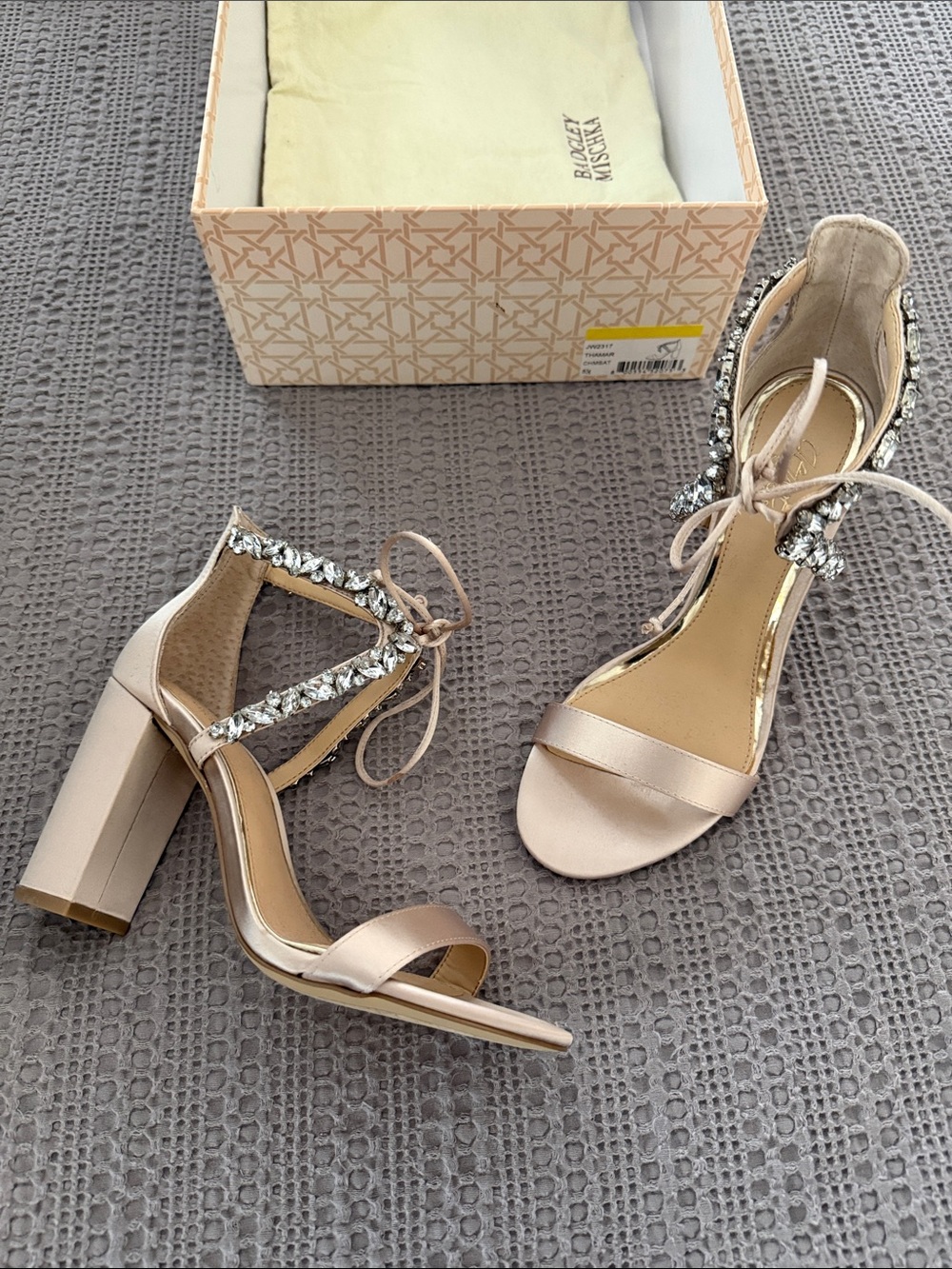 Stunning Jewel Badgley Mischka "Thamar" Crystal Block Heels Size 5.5